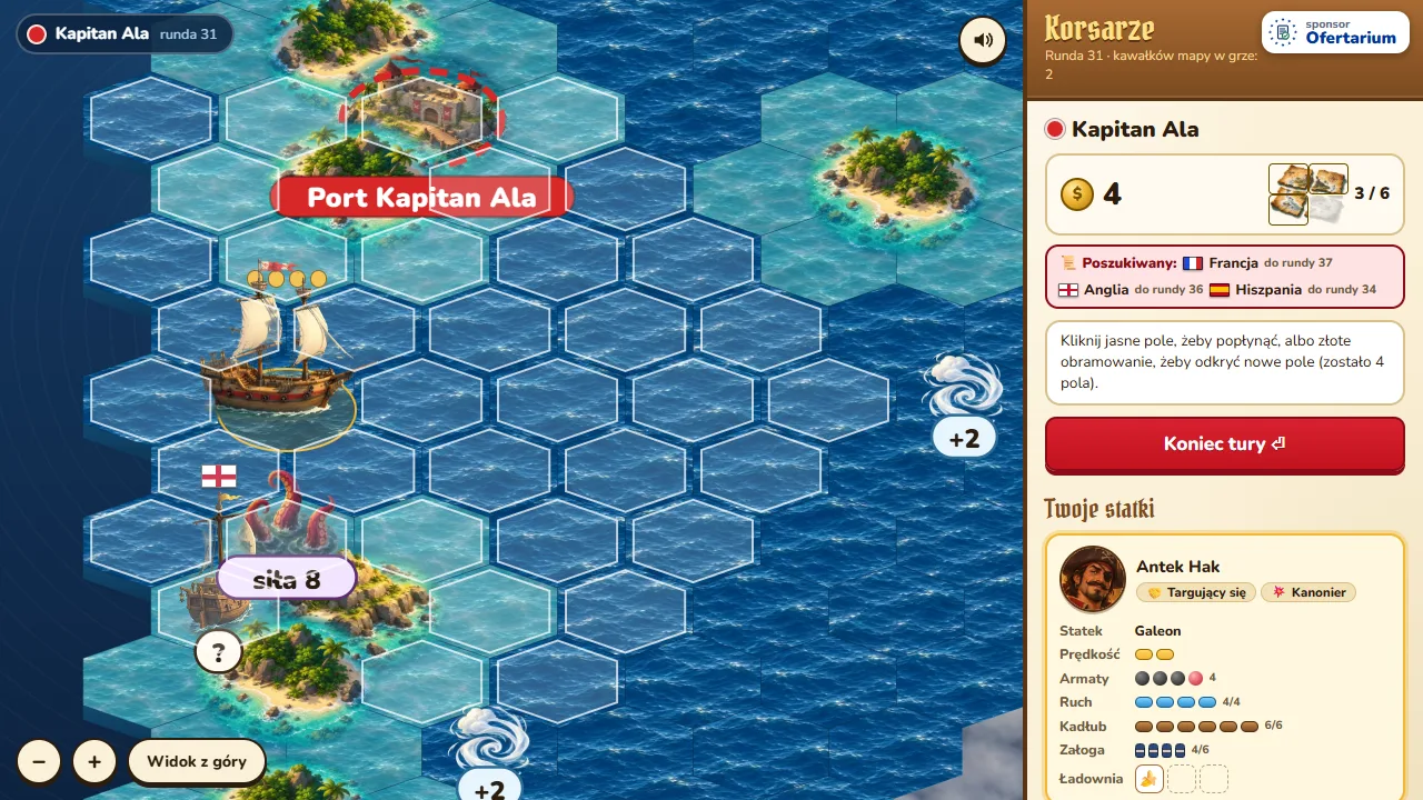 Gra o piratach Korsarze: mapa z heksów, statek gracza przy porcie, wyspy, potwór morski i okręt liniowy
